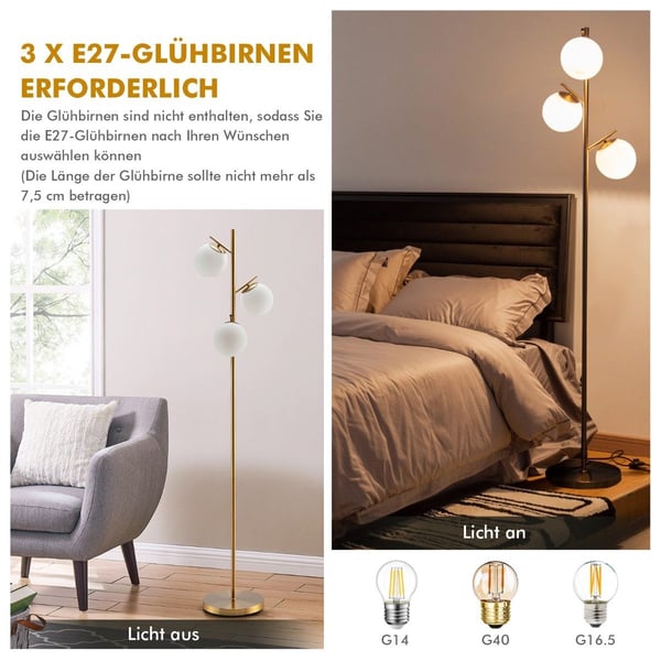 3-pært gulvlampe med praktisk fodkontakt & E27 pærebase læselampe