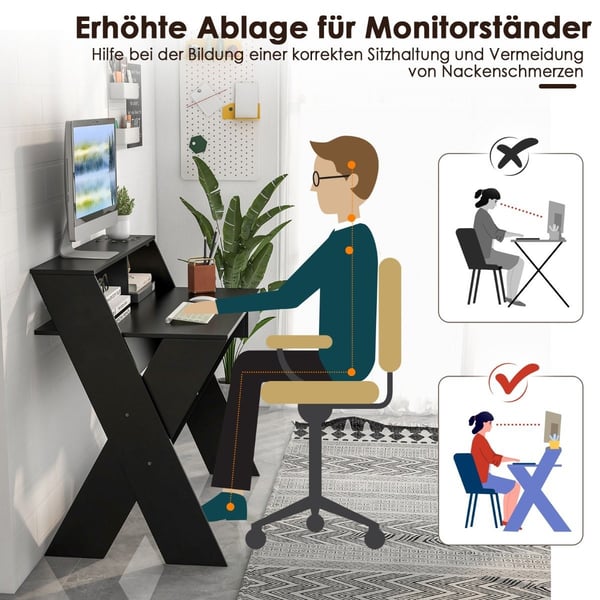 X-formet datamaskinbord med skuff og skjermstigebord svart