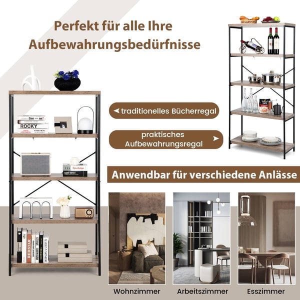 Bokhylla med 5 nivåer & metallram & industriell design stående hylla kontorshylla grå