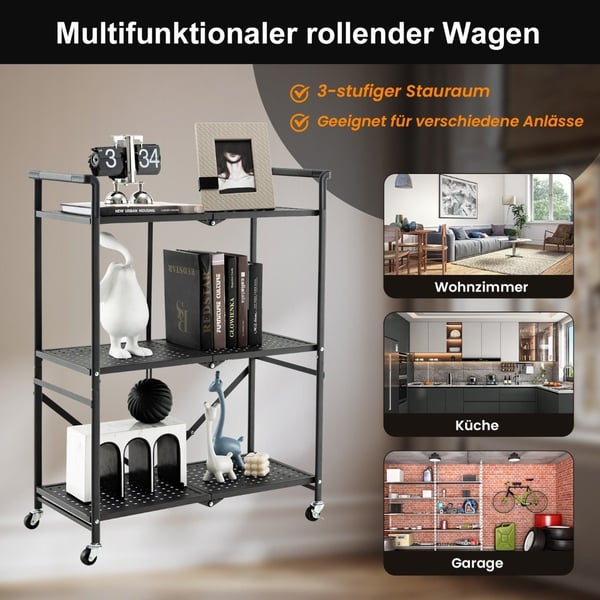 Kokoontaittuva tarjoiluvaunu 4-pyöräisellä 3-kerroksisella metallihyllyllä keittiön toimistoon, musta