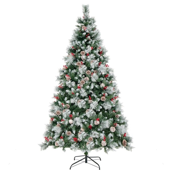 Ø125 x 215 cm Joulukuusi LED-valoilla Joulukuusi marjoilla vihreä + valkoinen