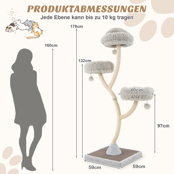 178 cm kissapuu, jossa sisal-raapimistolpat ja 3 lämmintä makuualustaa ja harmaat pehmopallot