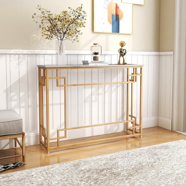 Konsolbord med marmor & geometrisk metallram Entrébord smalt gyllene
