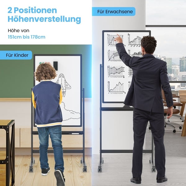 Dubbelsidig mobil whiteboard med pennfack & tillbehör för skolkontor 60 x 90 cm svart