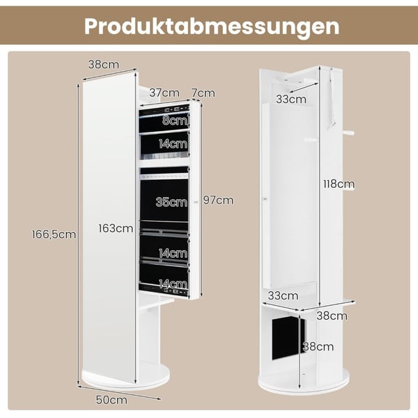 360° drejeligt smykkeskab med spejl & LED lys Fritstående spejlskab