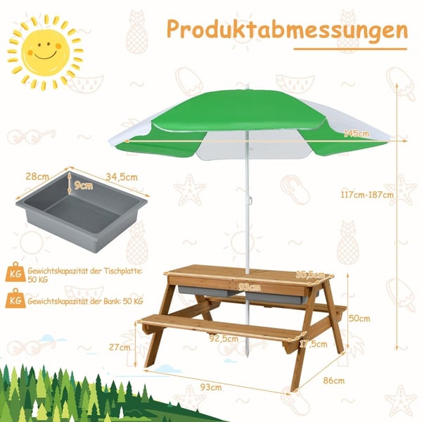 3-i-1 utendørs piknikbord vann- og sandbord med spillbokser og paraply natur og hvit
