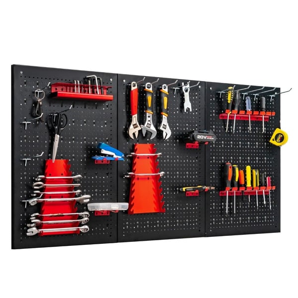 Værktøjsvæg med 25 hængende tilbehør opbevaringssystem værktøjsholder sortiment 3 perforerede paneler 120 x 60 cm Værktøjsvæg med 25 hængende tilbehør opbevaringssystem værktøjsholder sortiment 3 perforerede paneler 120 x 60 cm