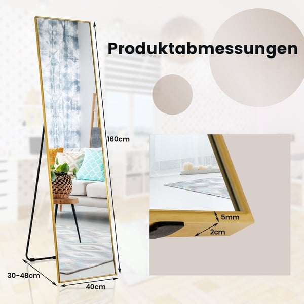 160 x 40 cm speil i full lengde 2-i-1 stående speil og veggspeil laget av bruddsikkert glass gull
