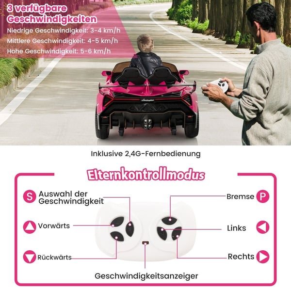 Lamborghini elbil for barn med fjernkontroll og LED-lykter og horn og musikk barnebil rosa