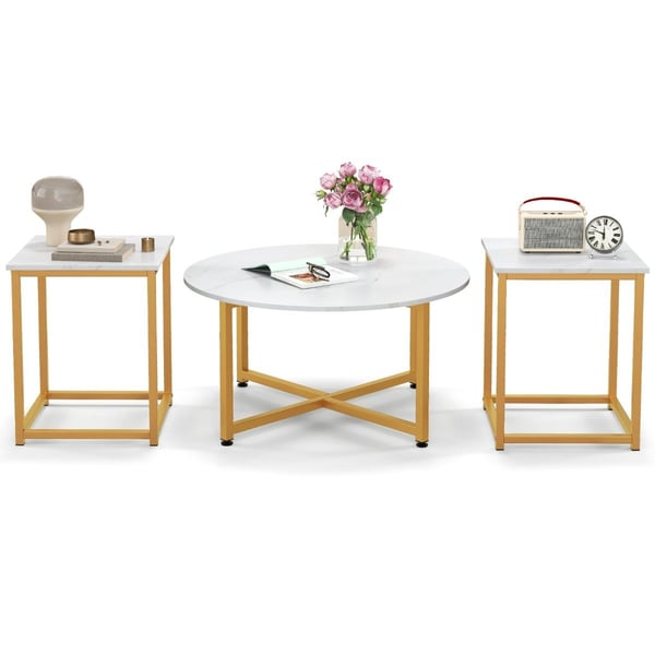 Sett med 3 salongbord med robust metallramme, rundt salongbord og 2 firkantede sidebord, hvit