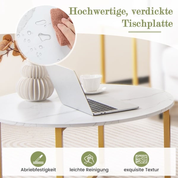 Sett med 3 salongbord med robust metallramme, rundt salongbord og 2 firkantede sidebord, hvit