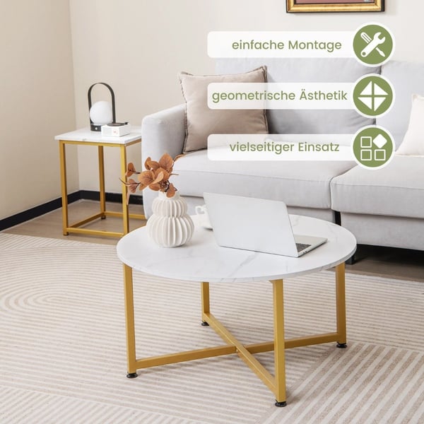 Sett med 3 salongbord med robust metallramme, rundt salongbord og 2 firkantede sidebord, hvit