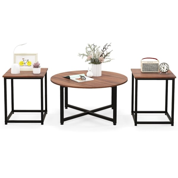 Sett med 3 salongbord med robust metallramme, rundt salongbord og 2 firkantede sidebord, brune