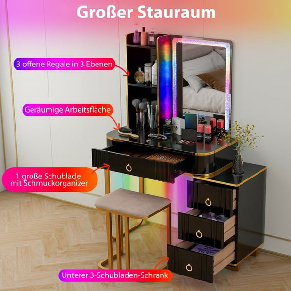 Sminkebord med LED-belysning Sminkebord med 7 dynamiske og 7 statiske dimbare LED-lys sort
