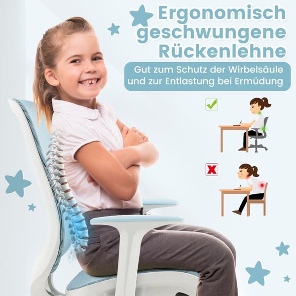 Korkeussäädettävä lasten kääntyvä tuoli istuinjarrulla, ergonominen työtuoli, työtuoli, sininen
