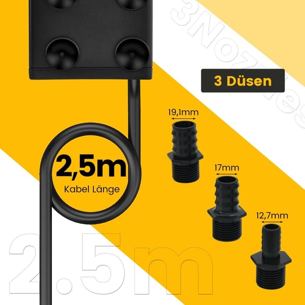 30 W mini akvariepumpe med 2,5 m høy slaglengde og 1,83 m strømkabel og 3 dyser vannpumpe 1400 L/t