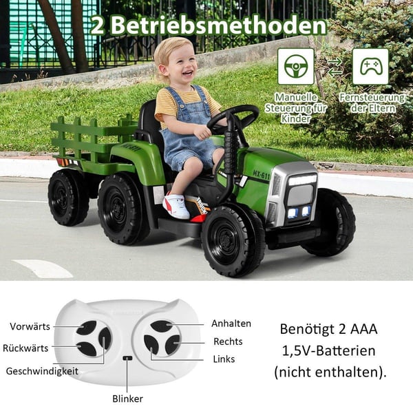 12V barnetraktor med avtakbar tilhenger og fjernkontroll Elektrisk lekebil Grønn