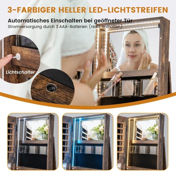 360° roterende smykkeskap med trefarget LED-lys, frittstående speilskap, brun