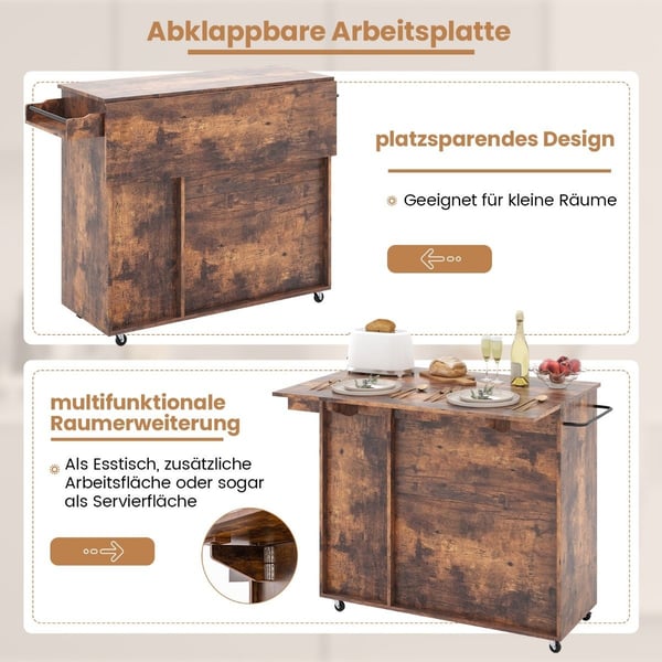 Kjøkkenvogn på hjul Serveringsvogn med sammenleggbar benkeplate 121 x 68 x 88 cm Rustikkbrun