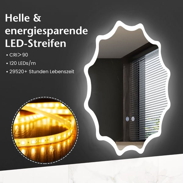 Baderomsspeil med antiduggspeil varmebølgedesign LED speil veggspeil 60 x 60 cm