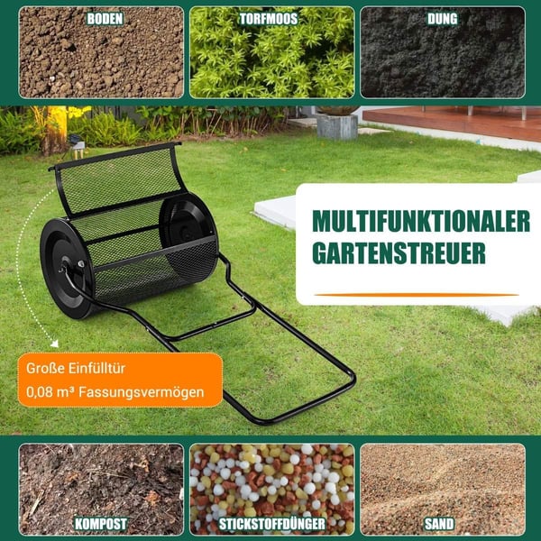 80L kompostspreder med U-håndtak og nettingkurv Torvspreder Gjødselspreder Komposter svart