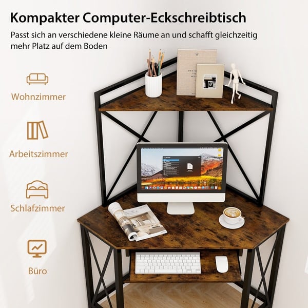 Skrivebord med ladestasjon hjørne databord med tastaturhylle og 2 hyller 113 x 75 x 145 cm Rustikk brun + svart