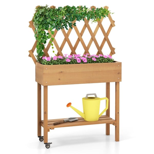 Upphöjd bädd på hjul med hylla & spaljé & tygfoder rabatt 90 x 29 x 129 cm Upphöjd bädd på hjul med hylla & spaljé & tygfoder rabatt 90 x 29 x 129 cm