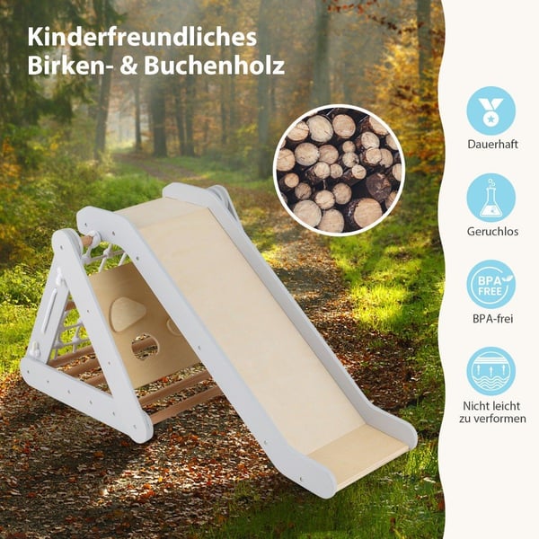 4 i 1 klatretrekant med glidestativ laget av tre 62,5 x 64 x 57,5 cm grå