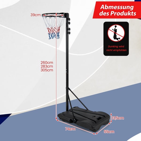 Basketballbøyle utendørs bærbart basketballstativ 260-305cm høydejusterbart svart
