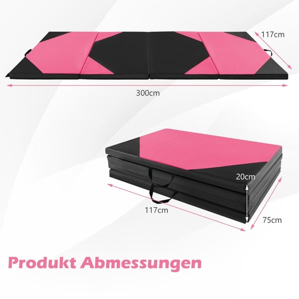 Sammenleggbar treningsmatte laget av kunstskinn med borrelås og amp; Bærehåndtak 300 x 117 x 5 cm rosa