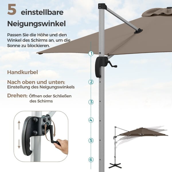 Ø 330 cm parasol med håndsving & UPF 50+ & 360° roterende cantilever parasol haveparasol brun