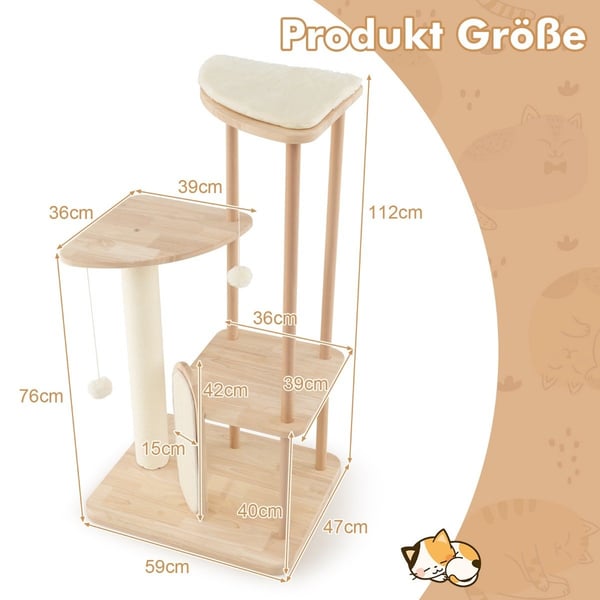 Träskrapstolpe flervånings katttorn med skrapbräda sisalstolpar vadderad sits 59 x 47 x 112 cm beige