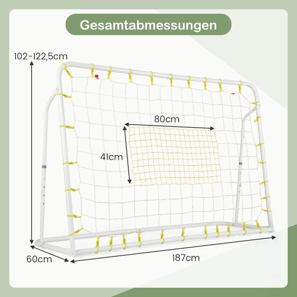 2 i 1 fotbollsmål & rebounder fotbollsmål 187 x 60 x 102-122,5 cm fotbollsmål för barn höjdjusterbar vit