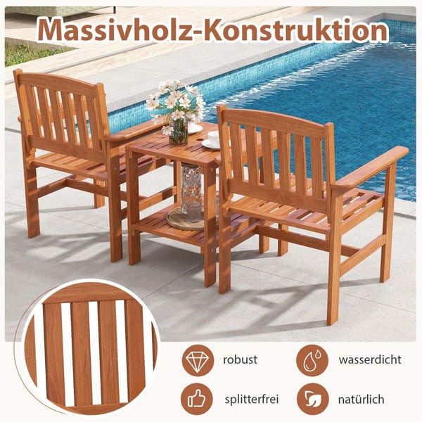 3-delt bistrosæt i træ med 2 stole & bord & hul til parasol siddegruppe