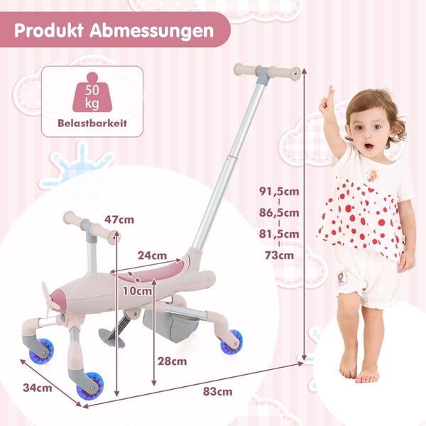 2-i-1 skubbebil til børn Flymotiv skubbebil med LED-belyste hjul Bærbar op til 50 kg Pink