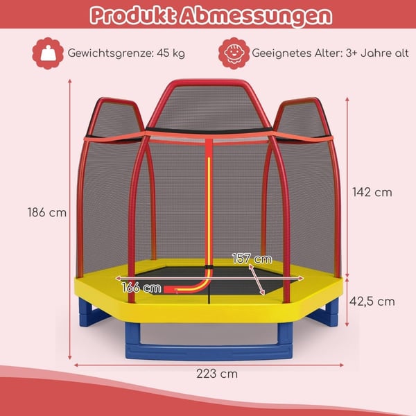 Ø223cm hagetrampolin med sikkerhetsnett innendørs/utendørs trampoline for barn oransje