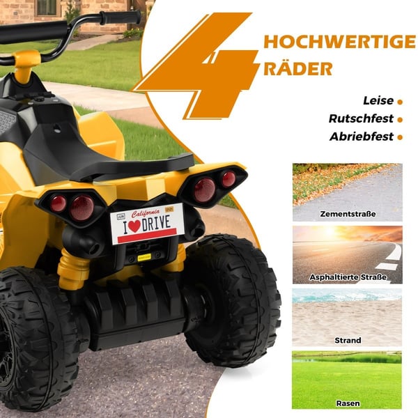 12V elektrisk firehjuling for barn med 2,2/4,3 KM/H hastighet & Horn, musikk & LED-lys elektrisk quad gul