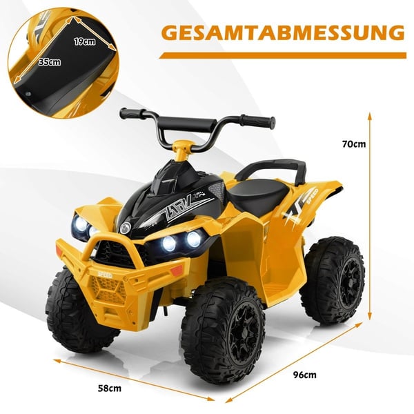 12V elektrisk firehjuling for barn med 2,2/4,3 KM/H hastighet & Horn, musikk & LED-lys elektrisk quad gul