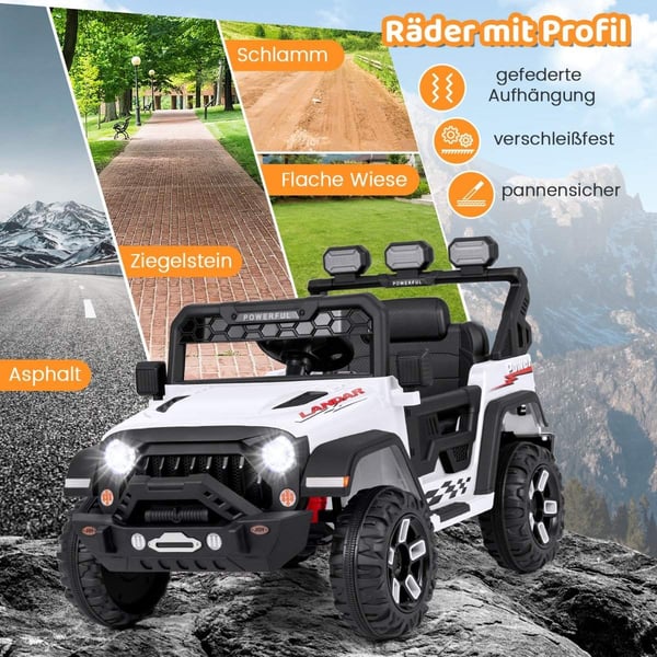 Elbil for barn med 2,4G fjernkontroll & USB & Lys & Musikk 12V Barnebil Jeep Bil Hvit