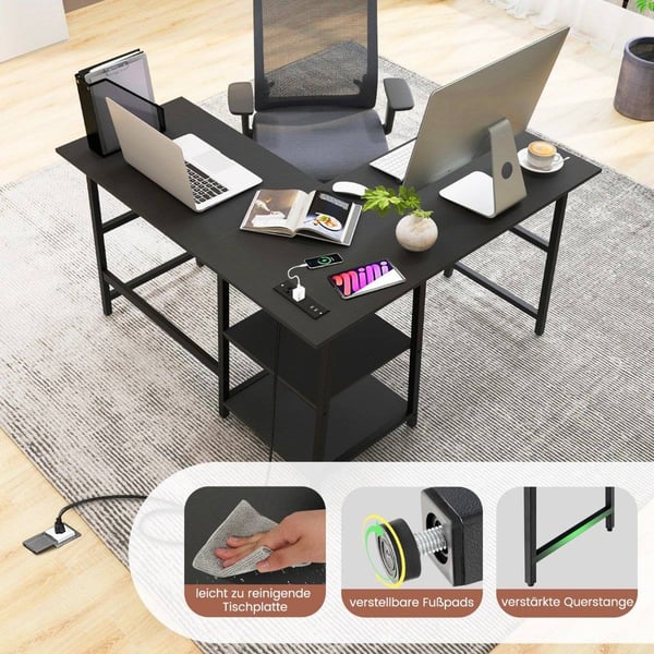 Skrivebord L-Shape hjørne skrivebord med stikkontakter & amp; USB-porter 120 x 120 x 75 cm svart