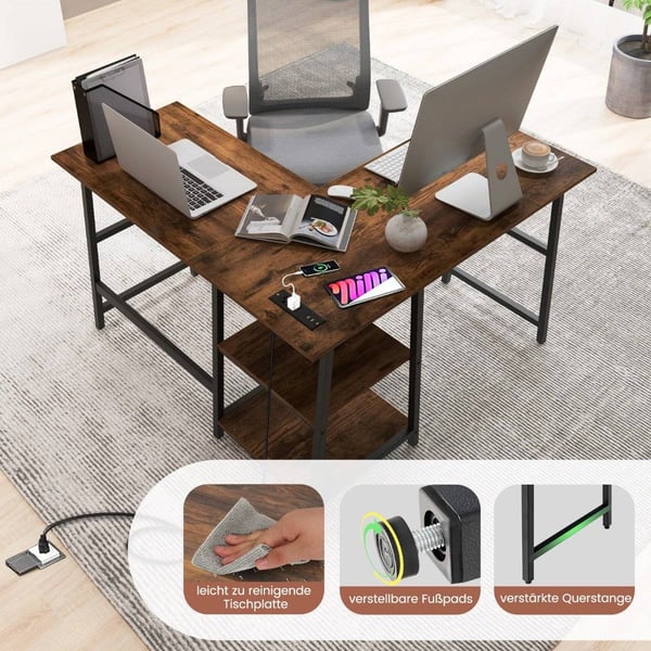 Skrivebord L-Shape hjørne skrivebord med stikkontakter & amp; USB-porter 120 x 120 x 75 cm rustikk brun