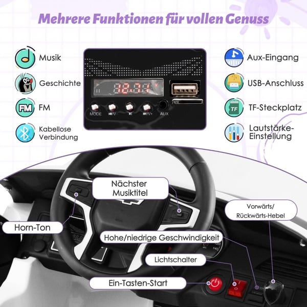 Chevrolet elbil for barn med 2,4G fjernkontroll & Suspensjon & lys & Musikk barnebil hvit