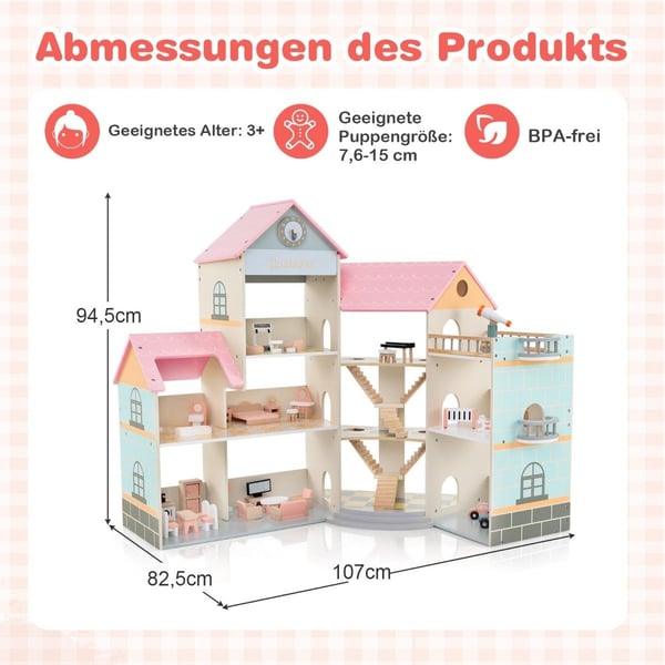 Hjørnedukkehus i tre med rosa tak og 41 møbler og tilbehør dukkehus DIY drømmehus