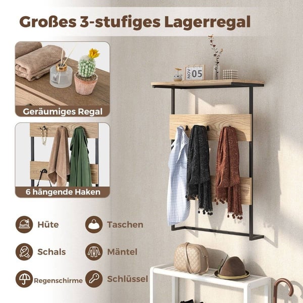 Vegg klesstativ med hylle & 6 kroker vegghylle industriell klesstativ klesstang
