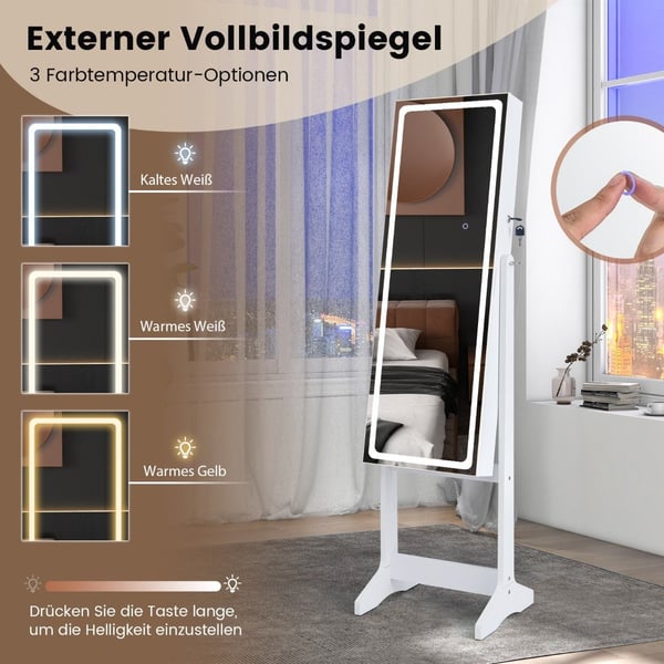 Smykkeskap med speil &amp; 3-farget LED-belysning speilskap smykkehylle hvit