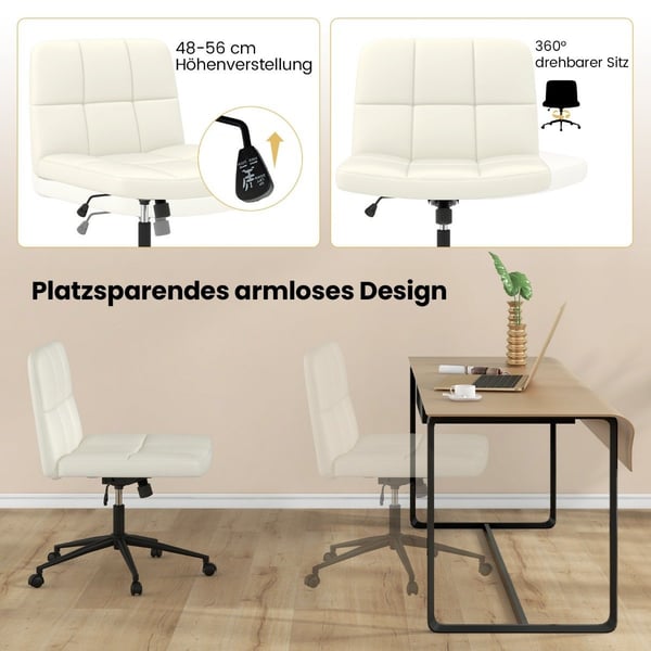 Kontorstol uten armlener Skrivebordsstol med bredt sete 360° roterende kunstskinn for hjemmekontor beige