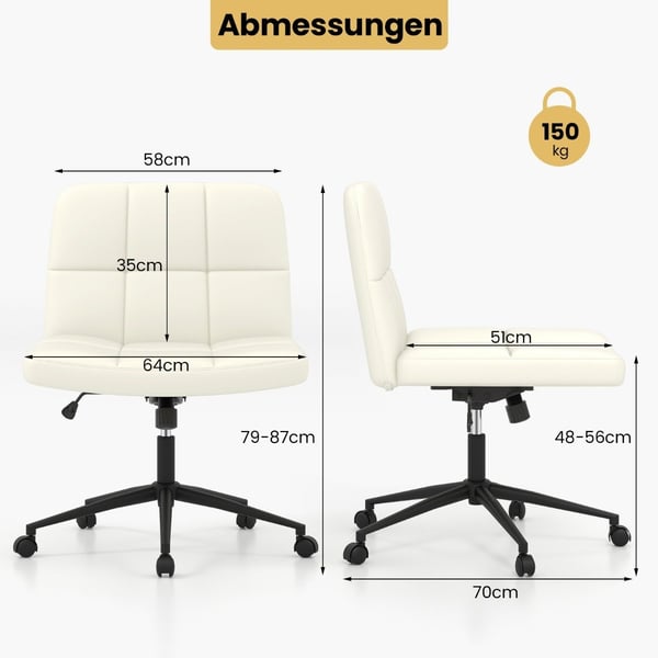 Kontorstol uten armlener Skrivebordsstol med bredt sete 360° roterende kunstskinn for hjemmekontor beige