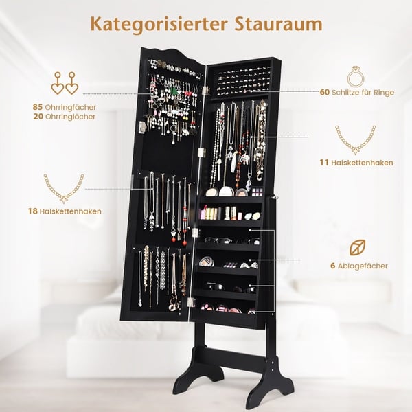 Låsbart smykkeskap med justerbar vinkel og smykkestativ i full lengde svart