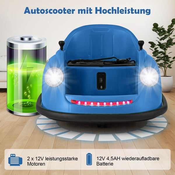 12V støtfangerbil Elektrisk støtfangerbil for barn med fjernkontroll & LED-lys & Musikk blå