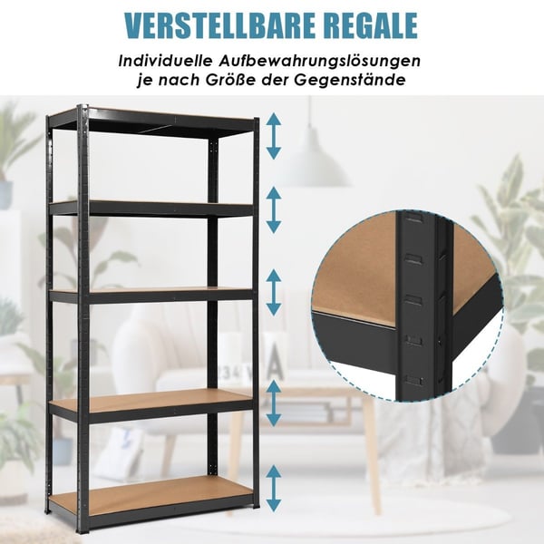 5-lags oppbevaringshylle, plassbesparende kraftig hylle, metallhylle, verkstedhylle, svart